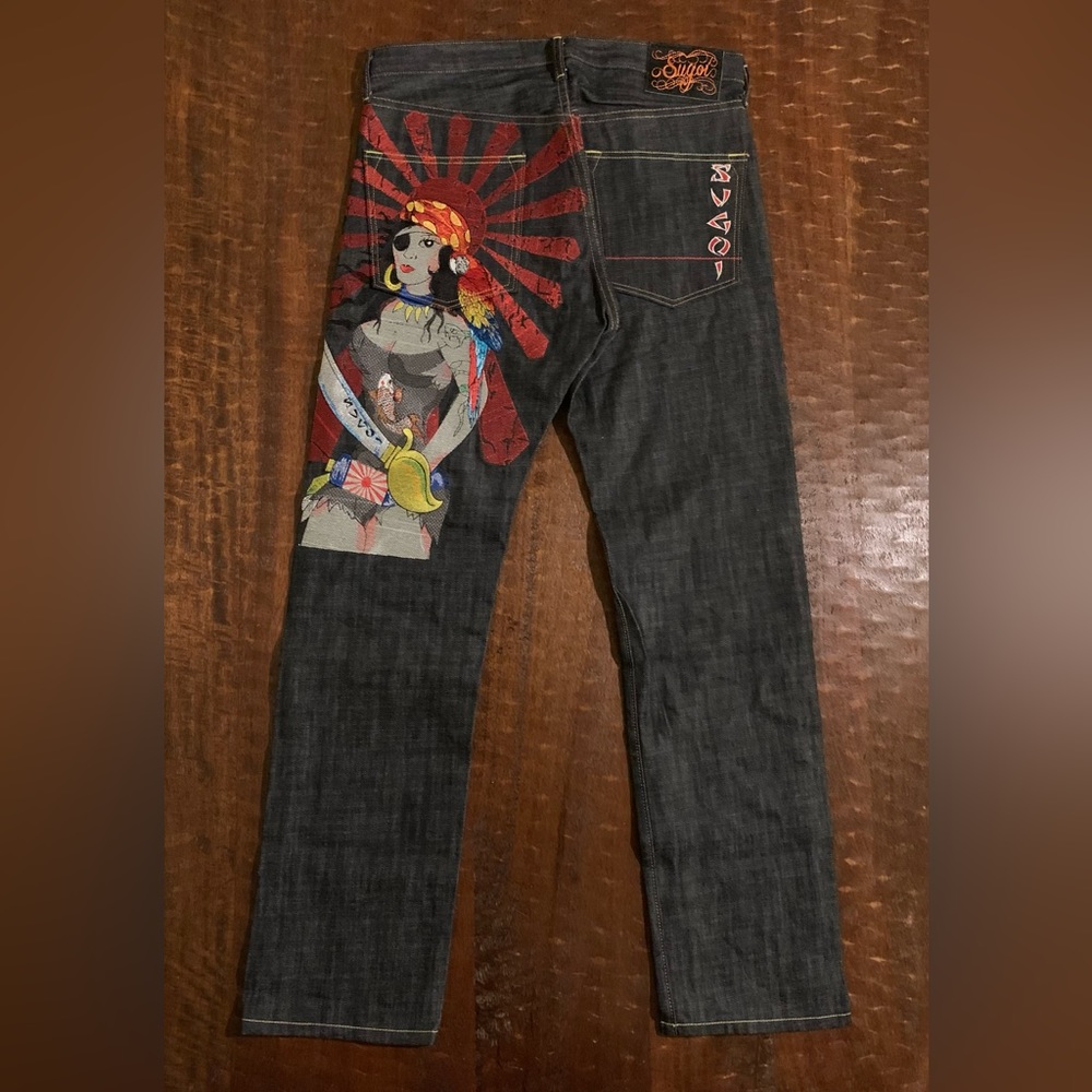 SUGIO Men’s Size 32x32 Indigo Color Japan 🇯🇵 Tattoo Pirate Embroidered Jeans